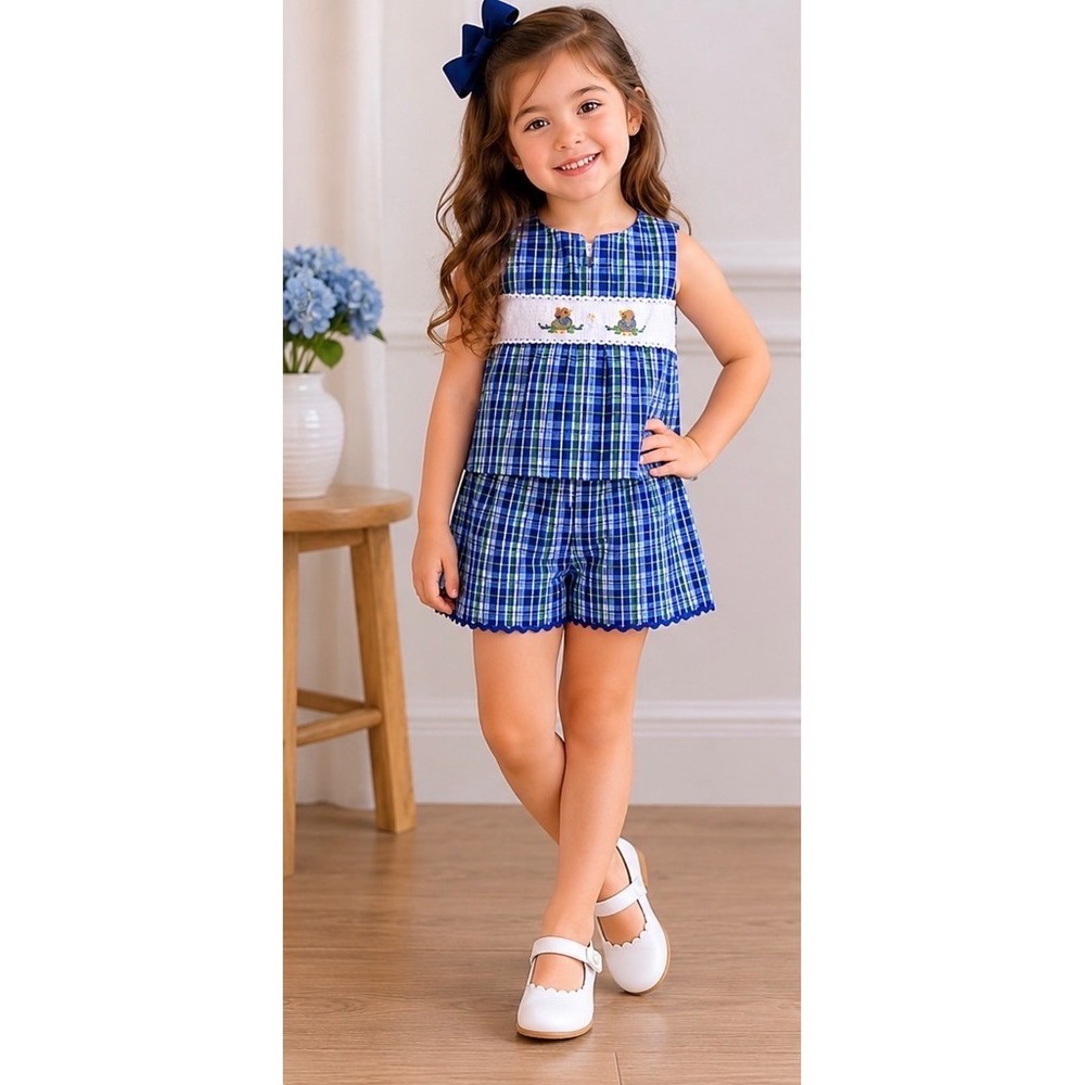 Silly Goose Girls 2pc Shorts Set Size 6X Blue Lime Plaid Turtle Embroidery